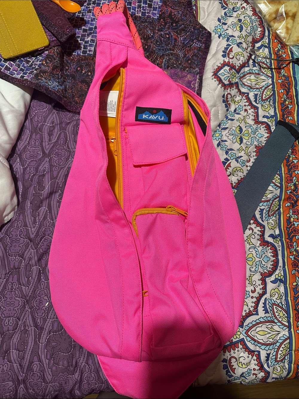 Kavu Pink Sling Bag with Yellow Trim